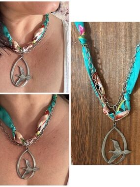Singing Sparrow-Handmade Silver Bird Pendant on Teal floral silky Scarf Necklace